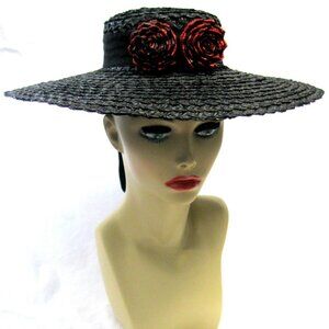 Vintage Large Black Straw Picture Hat with Red Straw Roses and Streamers